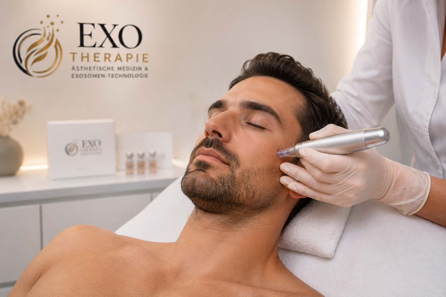 Soul-laser-aethetic-mann-bekommt-exosomen-behandlung Ein Mann bekommt eine Exosomenbehandlung, im Hinegrund sieht man das Exo-Logo